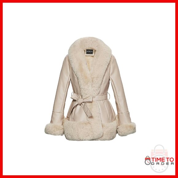Faux Fur Leather Collar Jacket Long Sleeve Coat With Pockets Belt